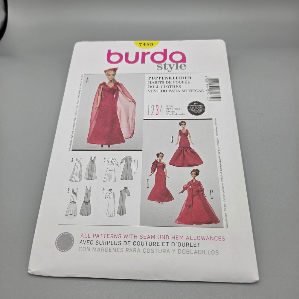 Burda Style 7485 Doll Clothes Sewing Pattern 11.5 Fashion Doll Gowns Dresses